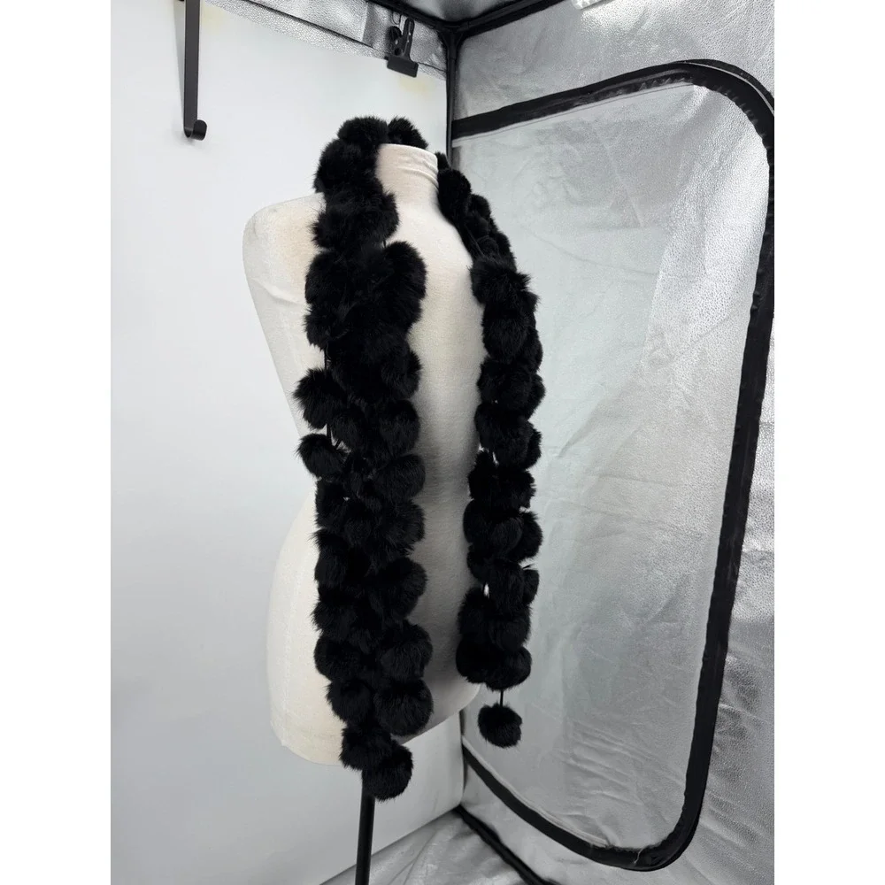 Unbranded Pom Pom Scarf Womens OS Black Genuine Rabbit Fur Tiered Long Scarf
